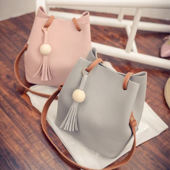 

Tassel Women Shoulder bag Solid color Mother bag High capacity Bucket bag Handbag Messenger Cross-body Bag Females