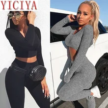 spring 2 Piece Outfits For Women 2020 women's clothing Sexy V Neck Knitted Tracksuit Two Piece Set Long Sleeves Crop Tops Pants