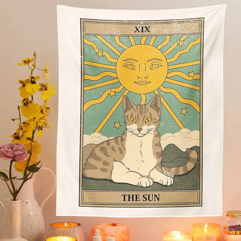 Cat Divination Witchcraft Tarot Card Tapestry Wall Hanging Tapestries Baphomet Occult Home Wall Moon phase Mat Decor Cat Coven Tapestry Decorations