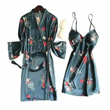 Корейский стиль, сексуальная ночная рубашка с v-образным вырезом, весна и осень, Женская Сексуальная Домашняя одежда, комплект, кардиган+ платье, мягкий шелк, сатин, цветочный рисунок, Элегантная пижама