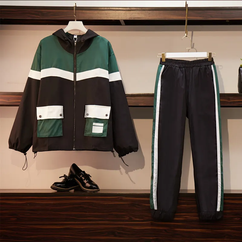

Autumn and Winter Two-piece Women Loose Jacket & Pants Fashion Color Matching Plus Size Korean Black Hip-hop Party Women's Suit