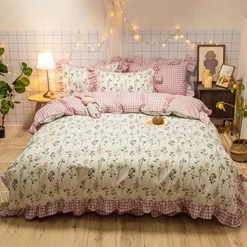 

4Pcs/Set Pink Bedding Set Pure Cotton A/B Double-sided Flower Pattern Bed sheet Quilt Cover Pillowcase Bedroom