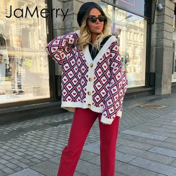 

JaMerry Heart print knitted cardigan women Single breasted female sweater cardigan 2019 Autumn winter oversized cardigan jumper