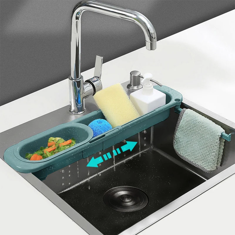 Telescopic Kitchen Sink Sponge Holder Storage Soap Drain Sink Tray Basket Acces