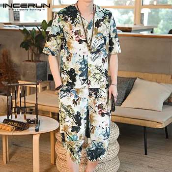 

INCERUN Summer Chinese Style Men Sets Floral Print V Neck Short Sleeve T Shirts Pants 2 Pieces Streetwear Casual Vintage Men Set