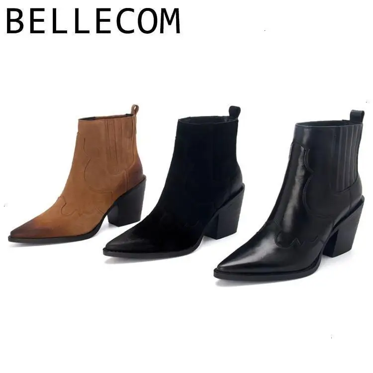 

BELLECOM Waterproof Platform High With Martin Woman Genuine Leather Chalaza Short ankle Boots for Leather ladies shoes zapatos