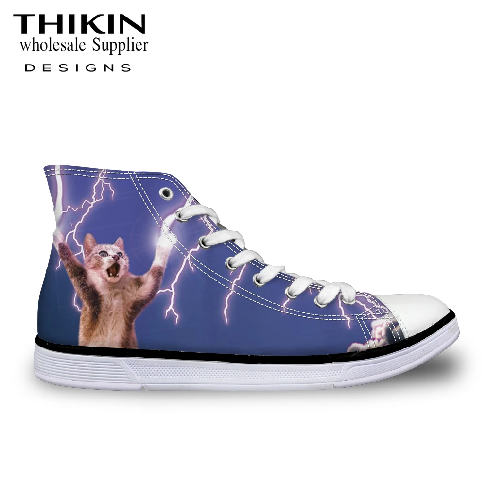 

THIKIN 3D Lightning Cat Print Woman High Top Lace-up Canvas Vulcanize Shoes for Girl Flats Zapaots Cool Animal Sneakers Shoes