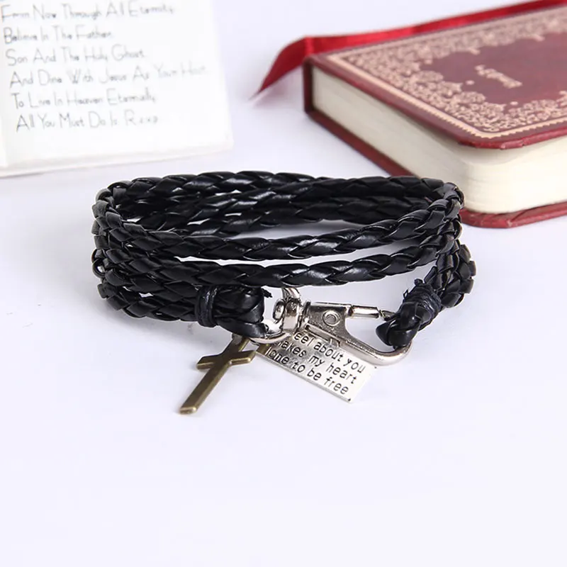 Панк Крест плетеный кожаный браслет для мужчин Винтаж крест черный коричневый Канатный браслет с подвесками Регулируемая пряжка браслет мужские ювелирные изделия