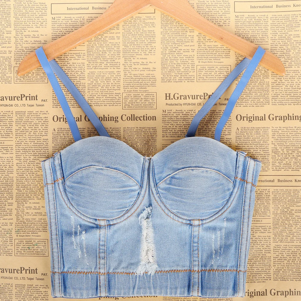 Women's Sexy Retro Exposed Navel Camisole Adjustable Shoulder Strap Denim Vest Ripped Summer Short Tops for Female | Женская одежда