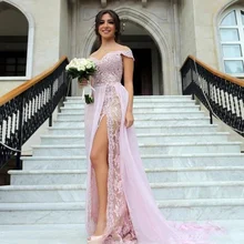 

2020 Modest Lace Mermaid Bridesmaid Dresses Off The Shoulder Wedding Guest Side Split Country Maid Of Honor Gowns