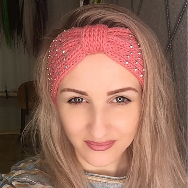 2021 Winter Warmer Ear Knitted Headband Turban For Lady Women Crochet Bowknot Rhinestone Hairband Headwrap Hair Accessories