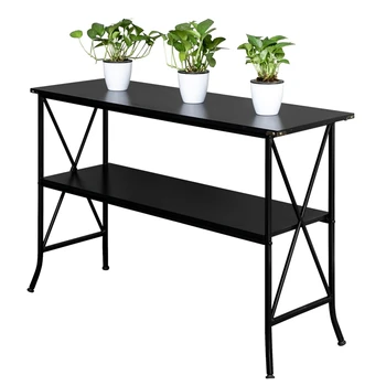 

Black MDF Countertop Black Wrought Iron Base 2 Layers Console Table Bookshelf Iron Shelves