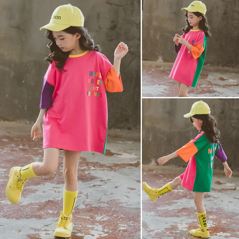 

2020 Girls Summer Tops Children T-shirt Patchwork Color Baby Girl Clothes Tee Casual Dress T-shirt Kids Clothing 4 -13Years