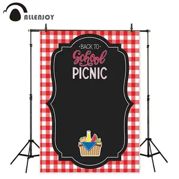 

Allenjoy Red White Lattice Photocall Banner Basket Fruit Drink Bread Black Photo Zone Decor Back To School Picnic Party Curains