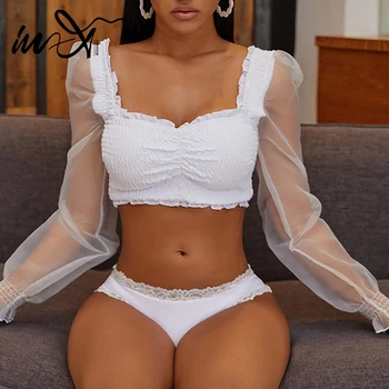 

In-X Sexy white lace bikini 2020 Long sleeve mesh swimsuit female bandeau swimwear women Summer bathers bathing suit Beachwear