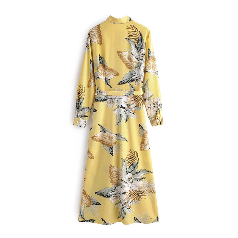 Women Stylish Elegant Floral Print Dresses Long Sleeve Sashes Bohemian Yellow Dress Turn Down Collar Office Ladies Shirt Dress
