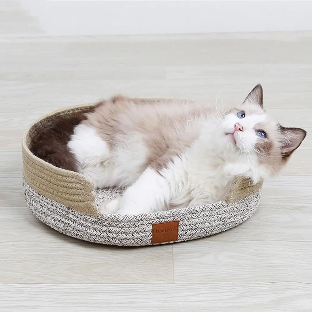 Pet Cat Dog Soft Warm Nest Kennel Bed Cave House Sleeping Bag Mat Pad Tent Pet Cotton Thread Weaving Basket Round Pet Cat Bed
