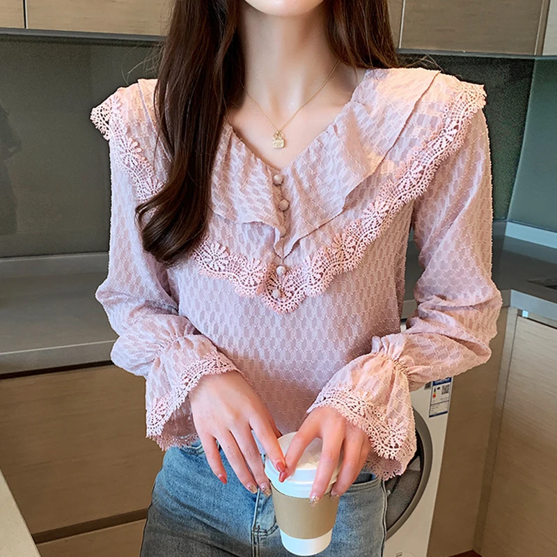 

New Pink Plaid Flare Sleeve Long Blouses V-Neck Ruffles Lace Blouse Women Shirt 2020 Summer Tops Woman Clothes Chemisier Femme