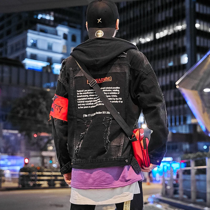 Goede Mannen Black Ripped Gat Vernietigd Denim Jassen Mouwen Tie Dye Casual Jeans Jas Jassen Hip Hop Streetwear Heren Punk Rock uitloper