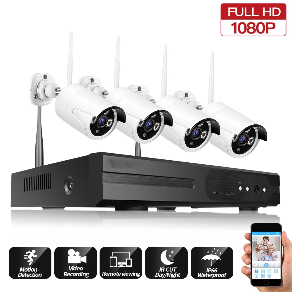 

4CH 1080P WiFi IP Camera Outdoor NVR HD IR Vandalproof Waterproof Video Wireless CCTV Security Surveillance System Kit