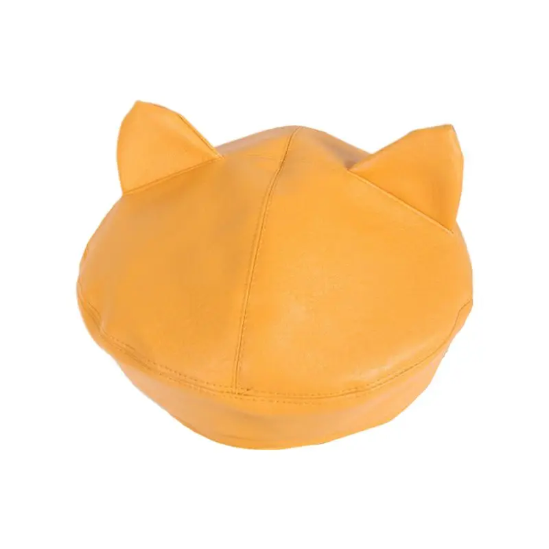 Японская женская шапка с милыми кошачьими ушками, берет из искусственной кожи, одноцветная, для художника, студента, регулируемая, винтажная, Классическая, восьмиугольная шапка - Цвет: Цвет: желтый
