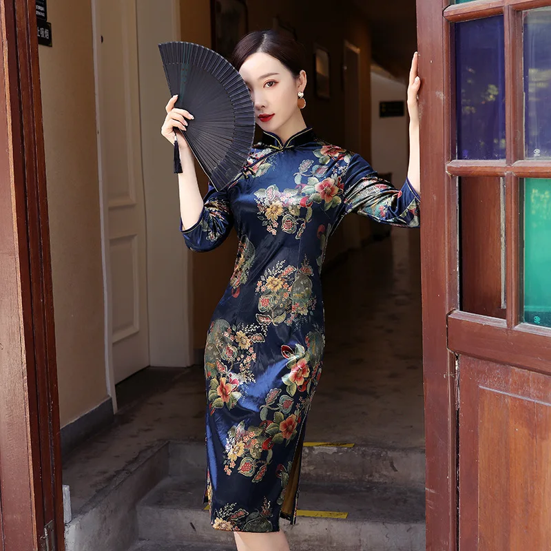 Новинка, элегантное женское велюровое свадебное платье Cheongsam с китайским цветочным принтом, большие размеры 4xl, тонкое сексуальное платье Qipao Vestidos