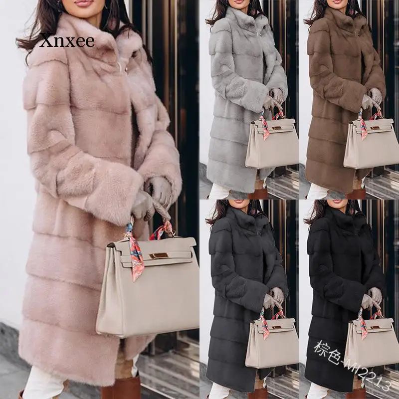 

Europe and America Medium Long Section Solid Loose Plush Hooded Coat Faux Fur Winter Women Warm Jacket Overcoat