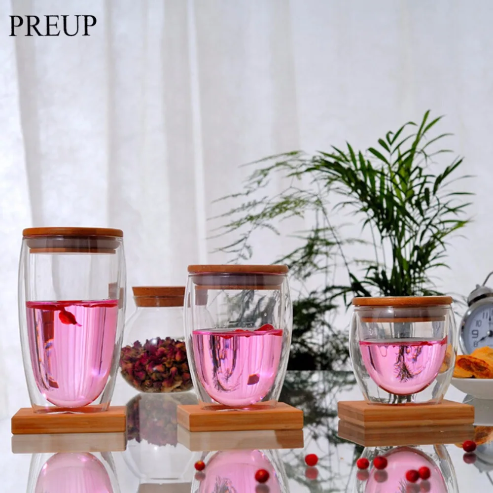 PREUP прозрачные кружки с двойными стенками, прозрачная стеклянная чашка+ бамбуковая крышка, прозрачная чашка для воды, кофе, чая, молока, кружка для вина, пивные чашки