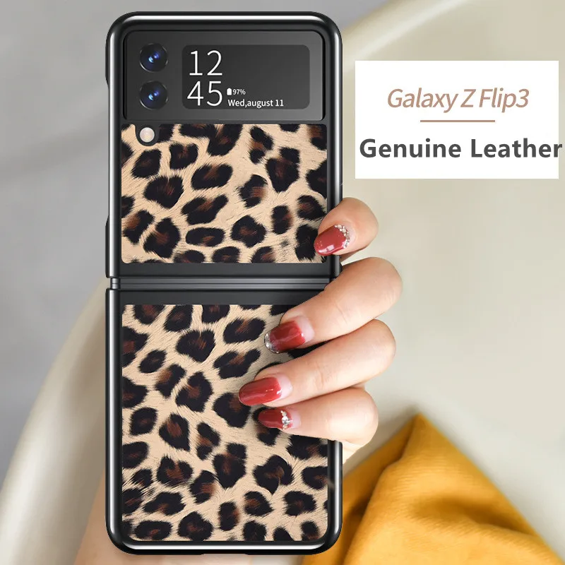 

2 in 1 Luxury Genuine Cowhide Leather Phone Case for Samsung Galaxy Z Flip3 Flip 3 5G Fashion Sexy Leopard Armor Hard Back Cover