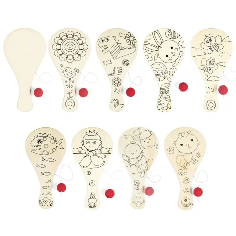 

9pcs/set Hand-painted Wooden Racket Ball DIY Craft Cartoon Painting Graffiti Toy