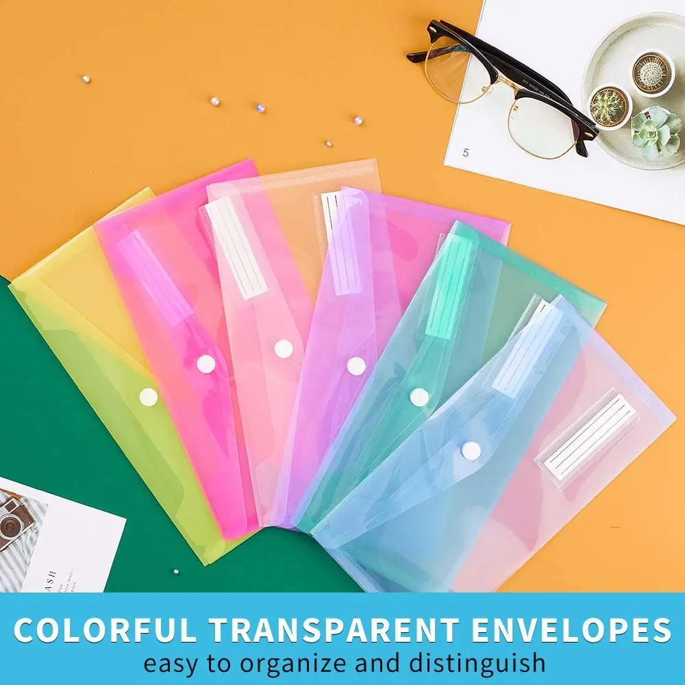 5 Packs A6 Clear Envelopes File Folder Bill Bag Pencil Case with Label Pocket, A6 Envelope File Pouch for School Office Home Use