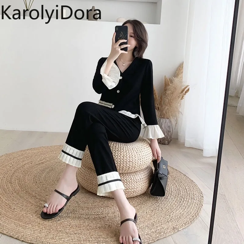 Women Autumn Knit Flare Sleeve Cardigans Loose Pleated Hem Pants Sets V Neck Single Breasted Knitted Tops Ankle-Length Pant Suit |