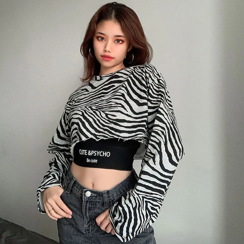 2pcs Women's Top Set Long Sleeve Round Neck Zebra Print Short Top + Letter Print Short Black Strap Hight Street Lady Clothing