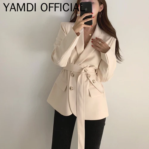 YAMDI осенне-зимний костюм Balzer корейский винтажный Блейзер Пальто Женский кружевной ремень Офисная Женская рабочая одежда блейзер верхняя одежда