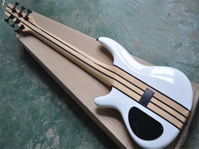 6 Strings White body Electric Bass Guitar with 2 Black Active Pickups,Black Hardware,Neck through body,offer customized