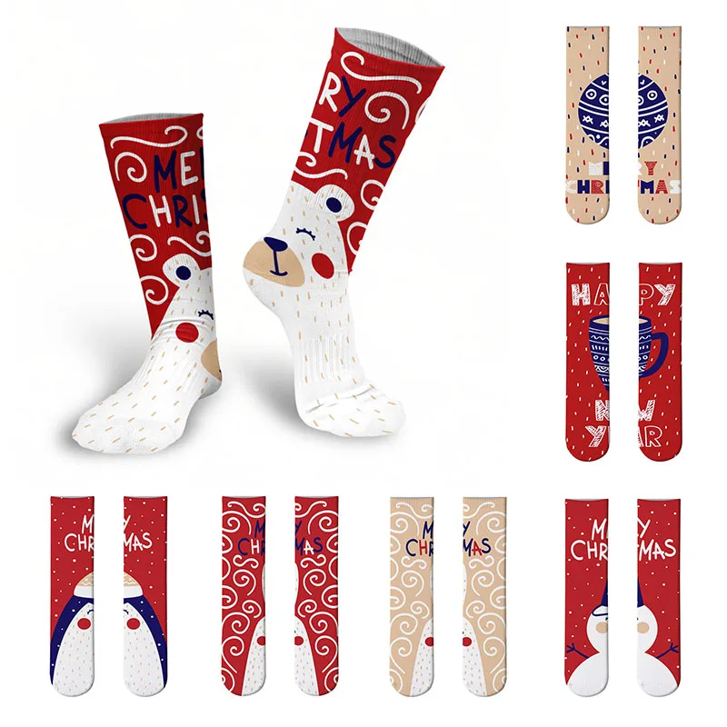 

New 3D Printed Women Long Socks Funny Cartoon Splicing Red Series Christmas Unisex Happy Knee Socks Girl Gift calcetines largos