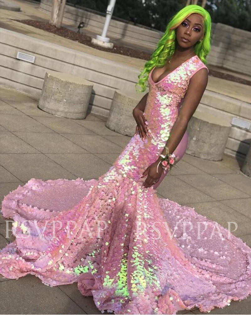 Afrikaanse Zwarte Meisje Lange Prom Jurken 2020 Nieuwe Collectie Sparkly Sequin V-hals Mouwloos Roze Mermaid Prom Jassen Afrikaanse Zwarte Meisje Lange Prom Jurken 2020 Nieuwe Collectie Sparkly Sequin V-hals Mouwloos Roze Mermaid Prom Jassen