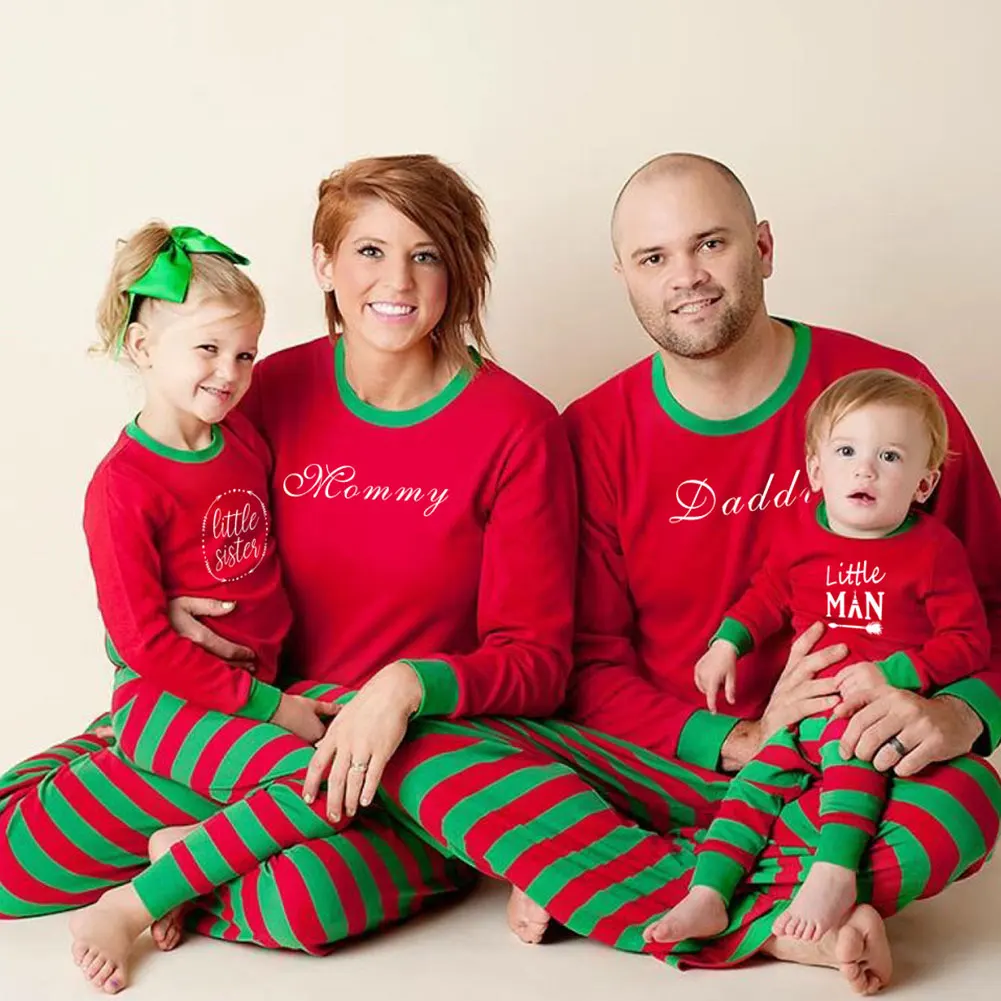 Семейные рождественские пижамы Топы с длинными рукавами Штаны в полоску