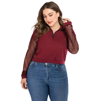

New Fashion Plus Size Women Hoodies Zipper Stand Collar Fishnet Long Sleeves Short Tops Spring Casual Women Large Size Hoodies