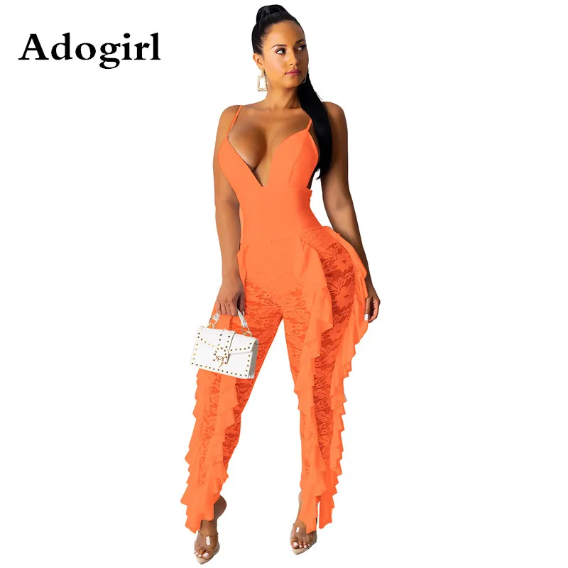 Adogirl Ruffles Sheer Lace Patchwork Spaghetti Strap Sexy V Neck Women Jumpsuit Backless Female Jumpsuit Romper Party Overalls