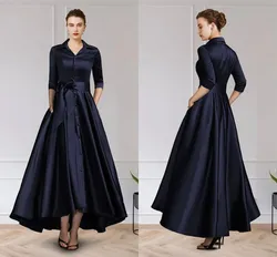 Navy Blue Buttons A-Line Mother of the Bride Dress Plus Size Elegant Vintage V Neck Ankle Length Satin 2021 Wedding Party Gown