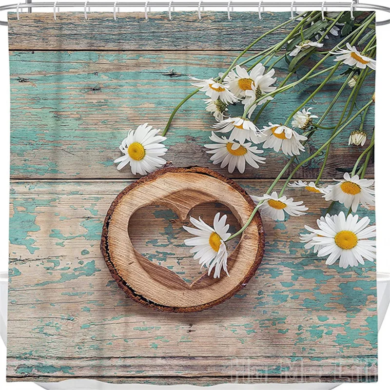 

Rustic Shower Curtain Antique Rusty Wooden Bath Barn Wooden Farmhouse Daisy Polyester Fabric Waterproof With Hooks