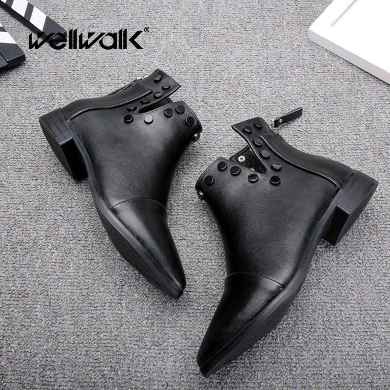 Botas cortas negras con tachuelas, zapatos de Invierno para mujer, botines  de punta estrecha para mujer, botines de tacón cuadrado de 3CM, botines  novedosos a la moda para mujer|Botas hasta el tobillo| -