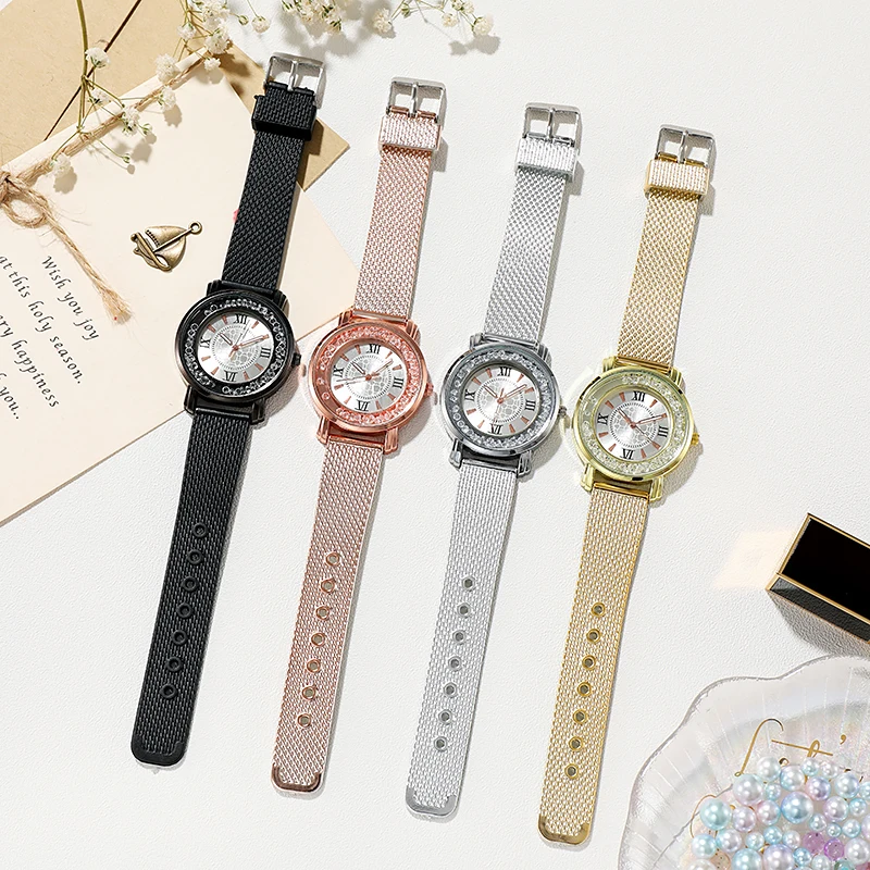 Brand Luxury Ladies Watch Fashion Fine Rhinestone Crystal Dial High Quality Mesh silicone Strap Quartz Watch For Women