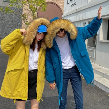

Winter Coat Men Warm Thick Fashion Parka Men Solid Color Fur Collar Hooded Coat Man Streetwear Loose Long Cotton Couple Jacket