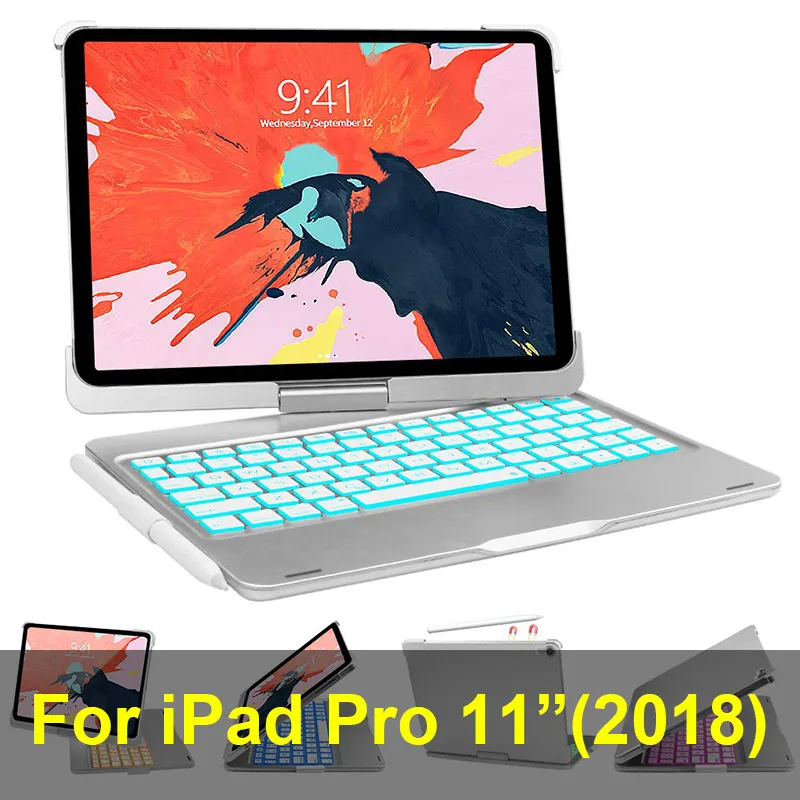 iPad Pro 11 Silver Чехол с клавиатурой для iPad 7 поколения(iPad 10,2 дюймов)/iPad Air 10,5 /iPad Pro 10,5, 7 цветов с подсветкой 360 - Цвет: iPad Pro 11 Silver