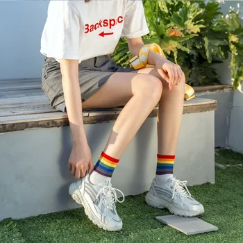 

Middle tube socks autumn and winter ins tide Korean style college style striped stockings street Japanese Korean rainbow socks