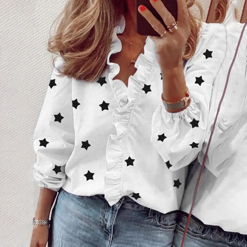 

New Daisy Star Print Ruffle Blouse Shirts Office Lady 2020 Summer Long Sleeve Slim Blouses Fashion Women Sexy V-Neck Tops