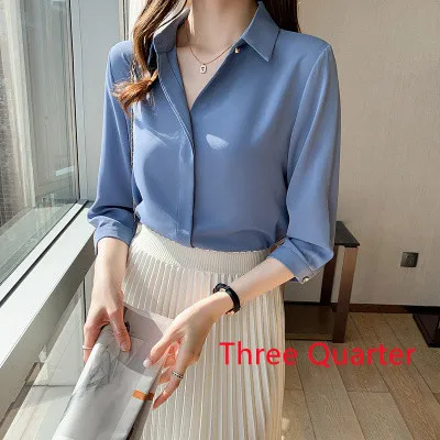 Silk Shirts Women Long Sleeve Shirts Blouses for Women Satin Clothing Shirt Office Lady Solid Silk Shirt Blouse 2022 Fashion Top sky blue