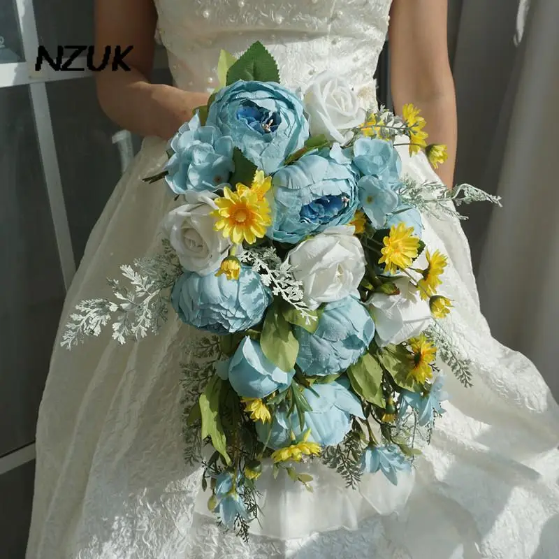 

NZUK Waterfall Blue White Flower Bridal Bouquet Brooch Real Touch Artificial Wedding Fleur Mariage Brides Bouquet